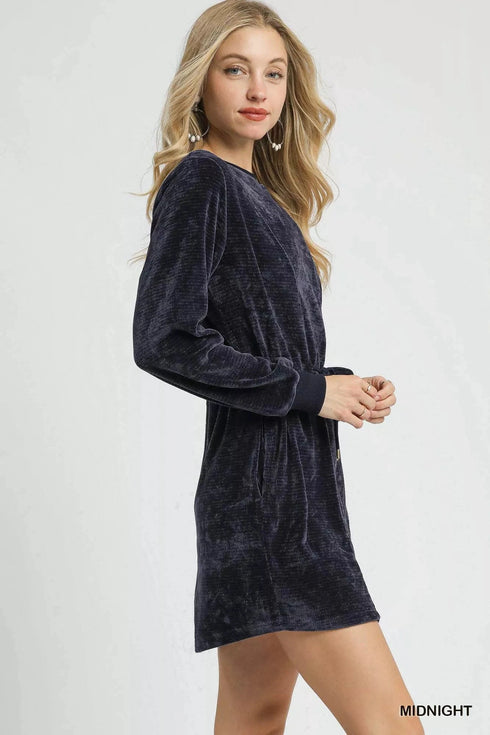 Umgee Velour Drawstring Mini Dress with Long Sleeves - Fashorio