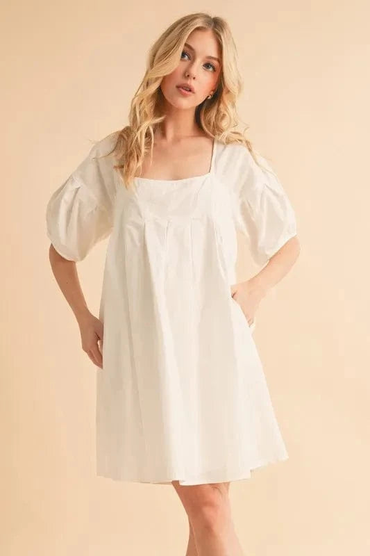 Aemi + Co Square Neck Babydoll Dress with Pockets White - Fashorio