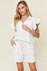 Double Take Full Size Texture Flounce Sleeve Top and Drawstring Shorts Set White - Fashorio