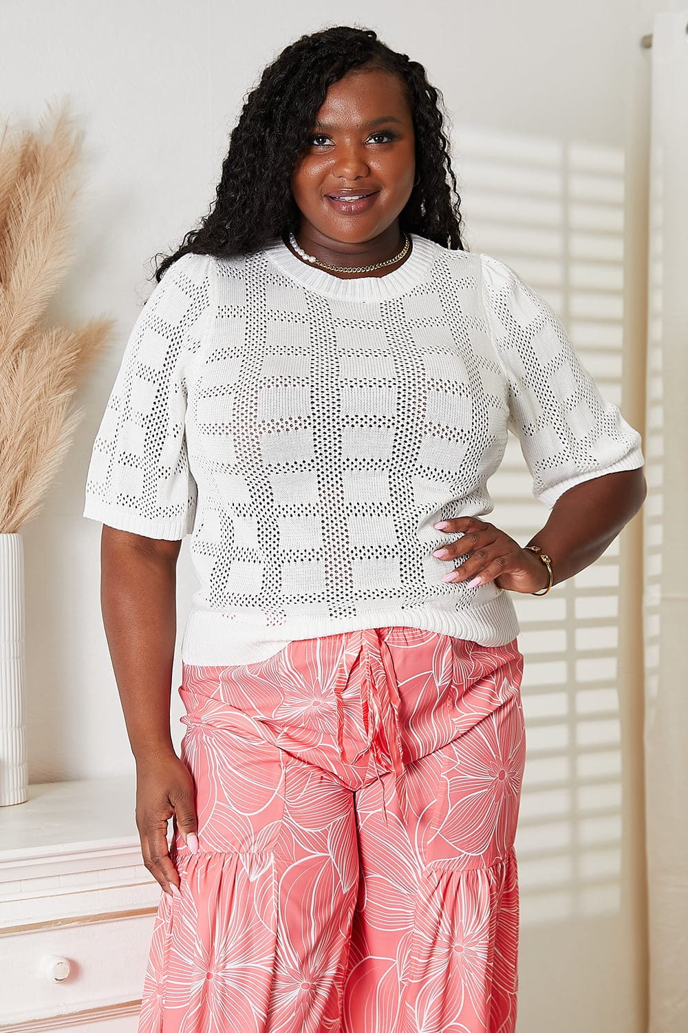 Mandy Ribbed Trim Round Neck Knit Top White - Fashorio