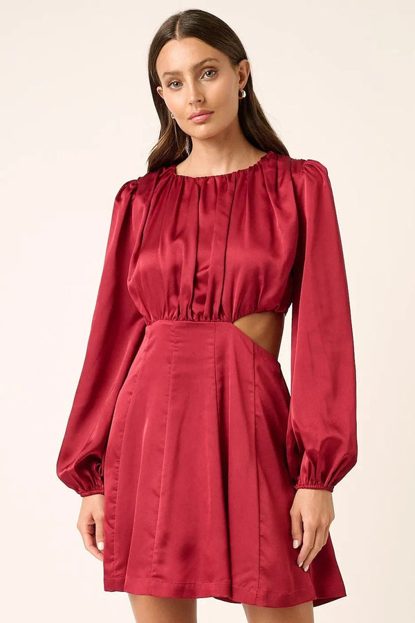 Mittoshop Satin Side Cutout Detail Mini Dress WINE - Fashorio