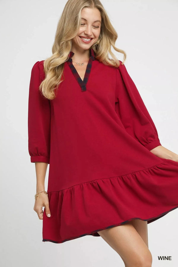 Umgee French Terry Ruffle Hem Dress with Plaid Trim WINE - Fashorio