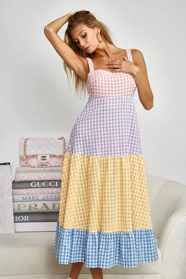 BiBi Color Block Tiered Gingham Dress YELLO SAGE BLUE PURP - Fashorio