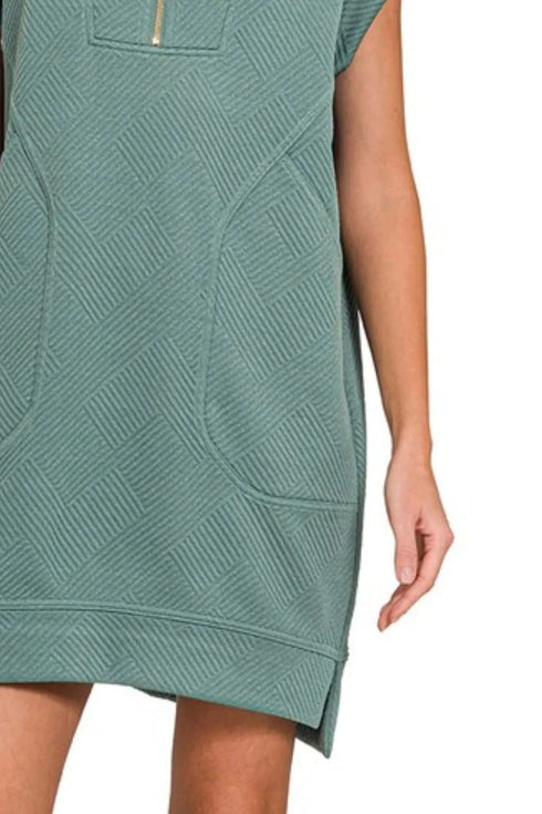 Zenana Textured Knit Jacquard Quarter Zipper Mini Dress - Fashorio