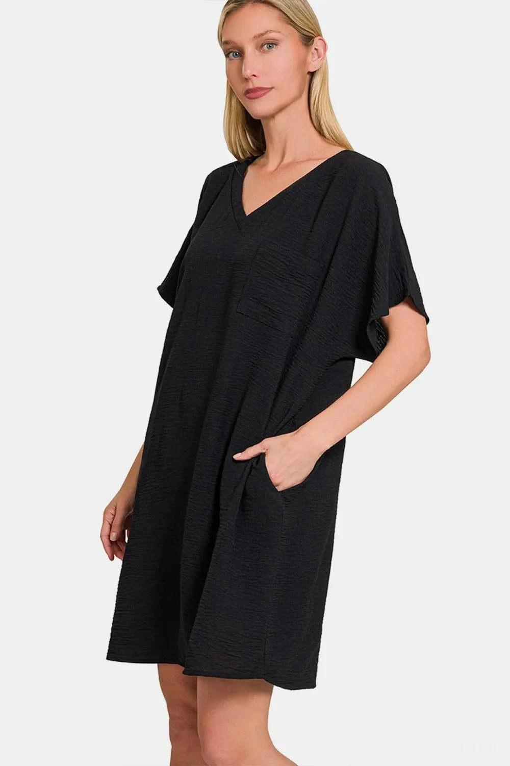 Zenana V-Neck Tee Dress with Pockets - Fashorio