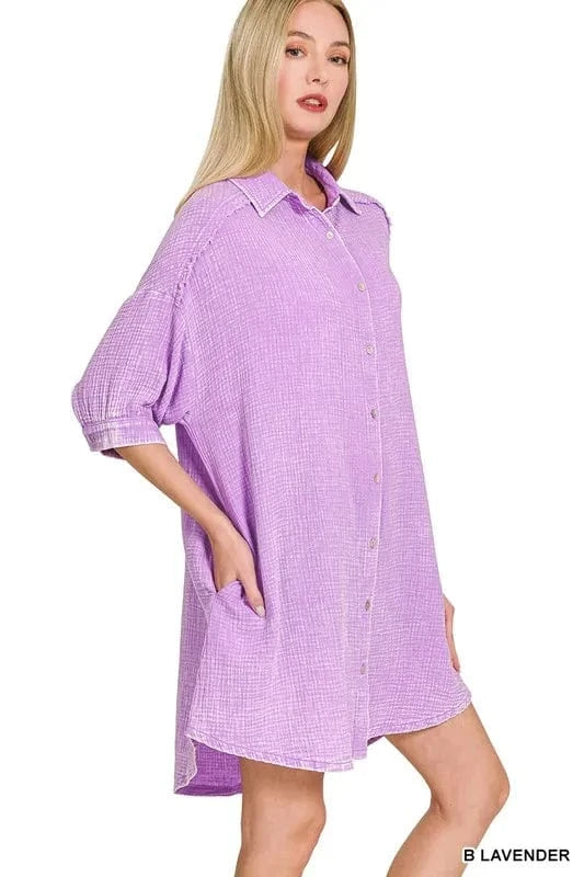 Zenana Washed Double Gauze Button Down Shirt Dress - Fashorio