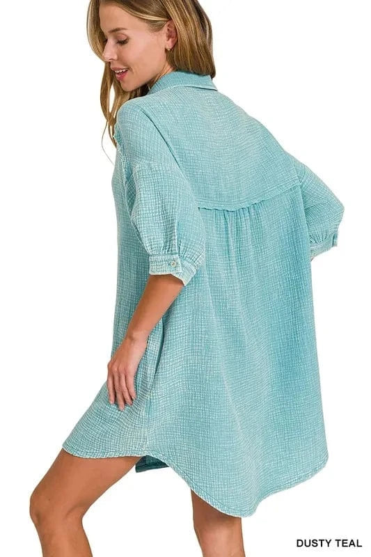Zenana Washed Double Gauze Button Down Shirt Dress - Fashorio