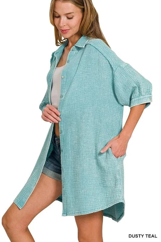 Zenana Washed Double Gauze Button Down Shirt Dress - Fashorio