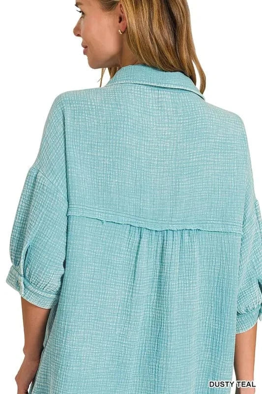 Zenana Washed Double Gauze Button Down Shirt Dress - Fashorio