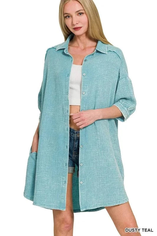 Zenana Washed Double Gauze Button Down Shirt Dress - Fashorio