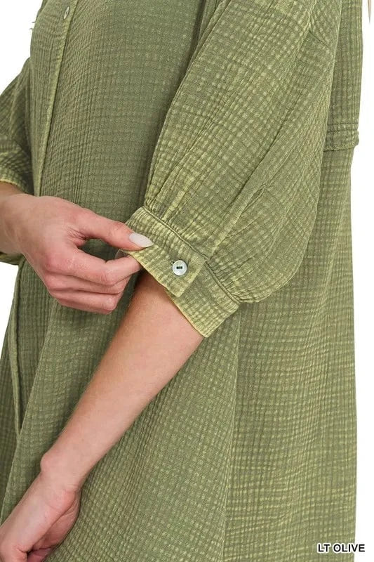 Zenana Washed Double Gauze Button Down Shirt Dress - Fashorio