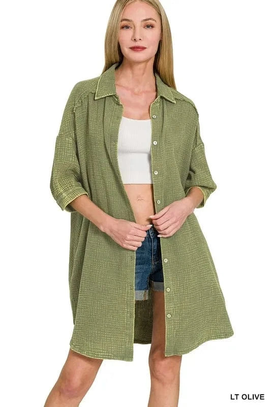 Zenana Washed Double Gauze Button Down Shirt Dress - Fashorio