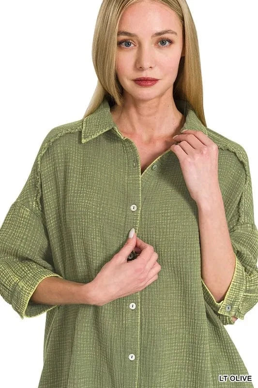 Zenana Washed Double Gauze Button Down Shirt Dress - Fashorio