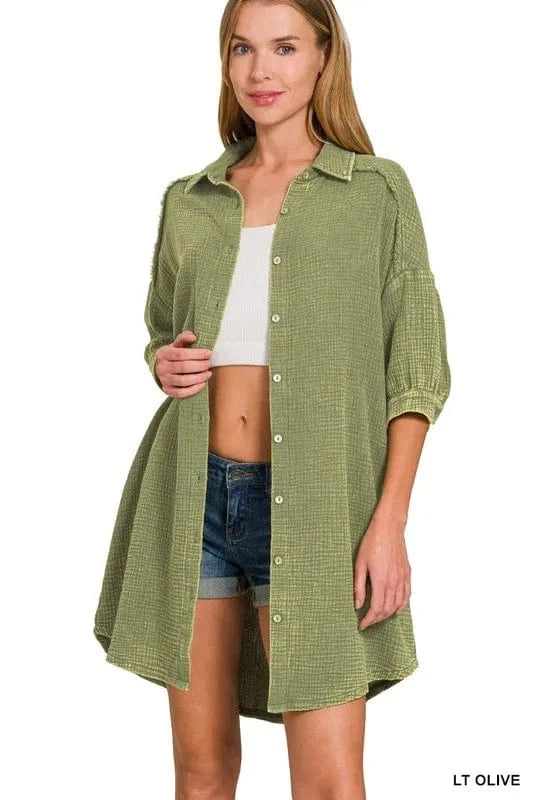 Zenana Washed Double Gauze Button Down Shirt Dress - Fashorio
