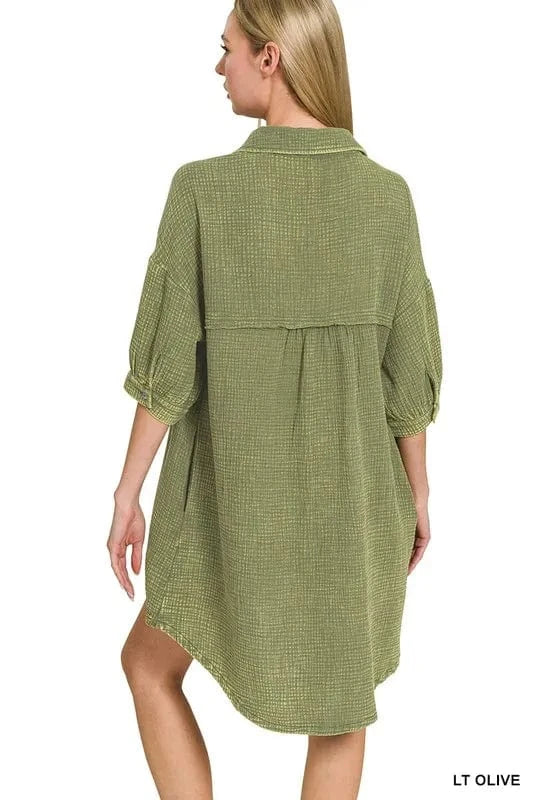 Zenana Washed Double Gauze Button Down Shirt Dress - Fashorio