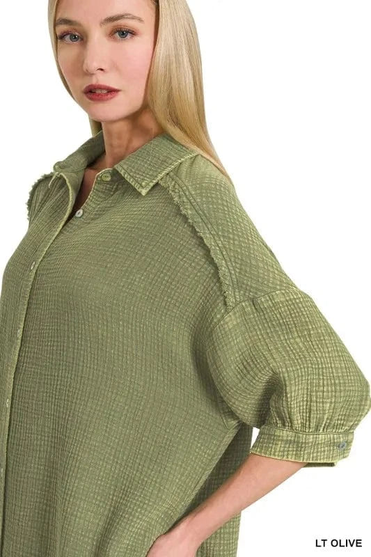 Zenana Washed Double Gauze Button Down Shirt Dress - Fashorio