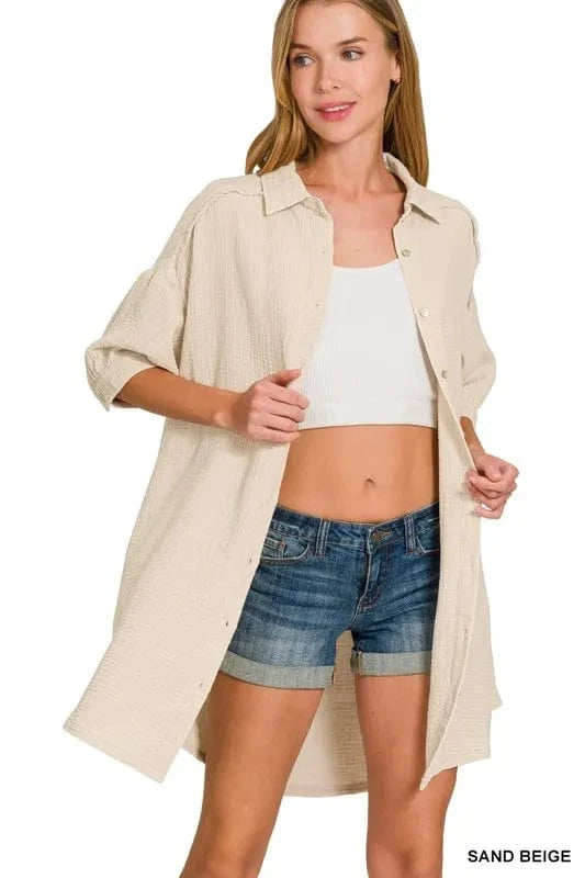 Zenana Washed Double Gauze Button Down Shirt Dress - Fashorio