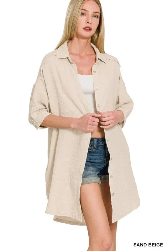 Zenana Washed Double Gauze Button Down Shirt Dress - Fashorio