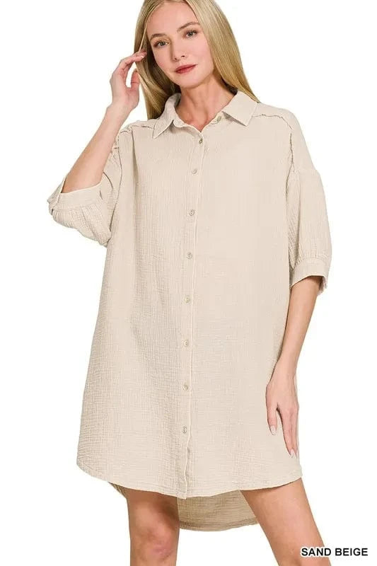 Zenana Washed Double Gauze Button Down Shirt Dress - Fashorio