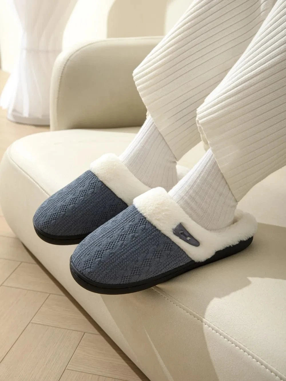 Horn Buckle Furry Texture Flat Slippers Dusty Blue - Fashorio