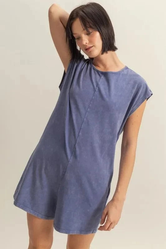 HYFVE Round Neck Cap Sleeve Relaxed Fit Breezy Romper Dusty Blue - Fashorio