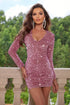 Fashorio Dusty Pink / XS Sequin V-Neck Long Sleeve Mini Dress