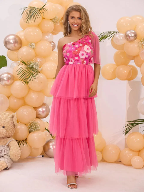 Fashorio Embroidered Layered Single Shoulder Midi Dress