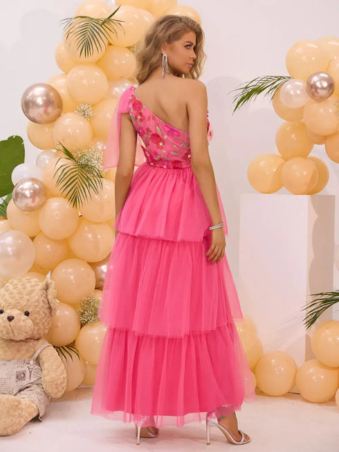 Fashorio Embroidered Layered Single Shoulder Midi Dress