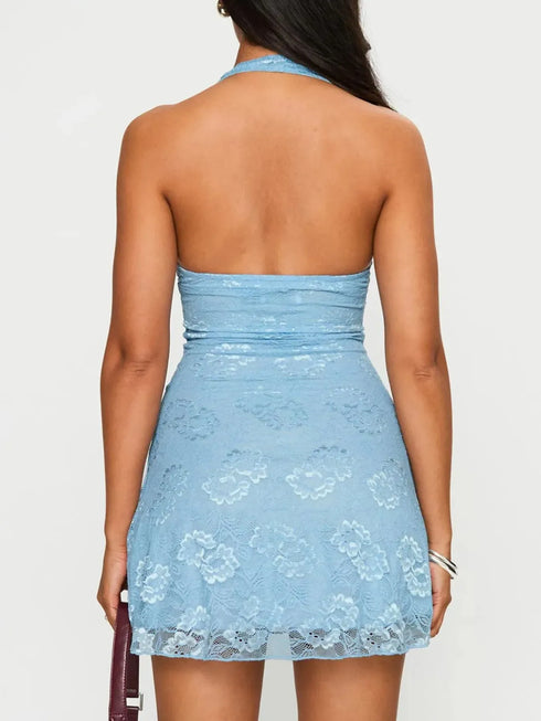 Fashorio Floral Lace Halter Deep V-Neck Bodycon Dress