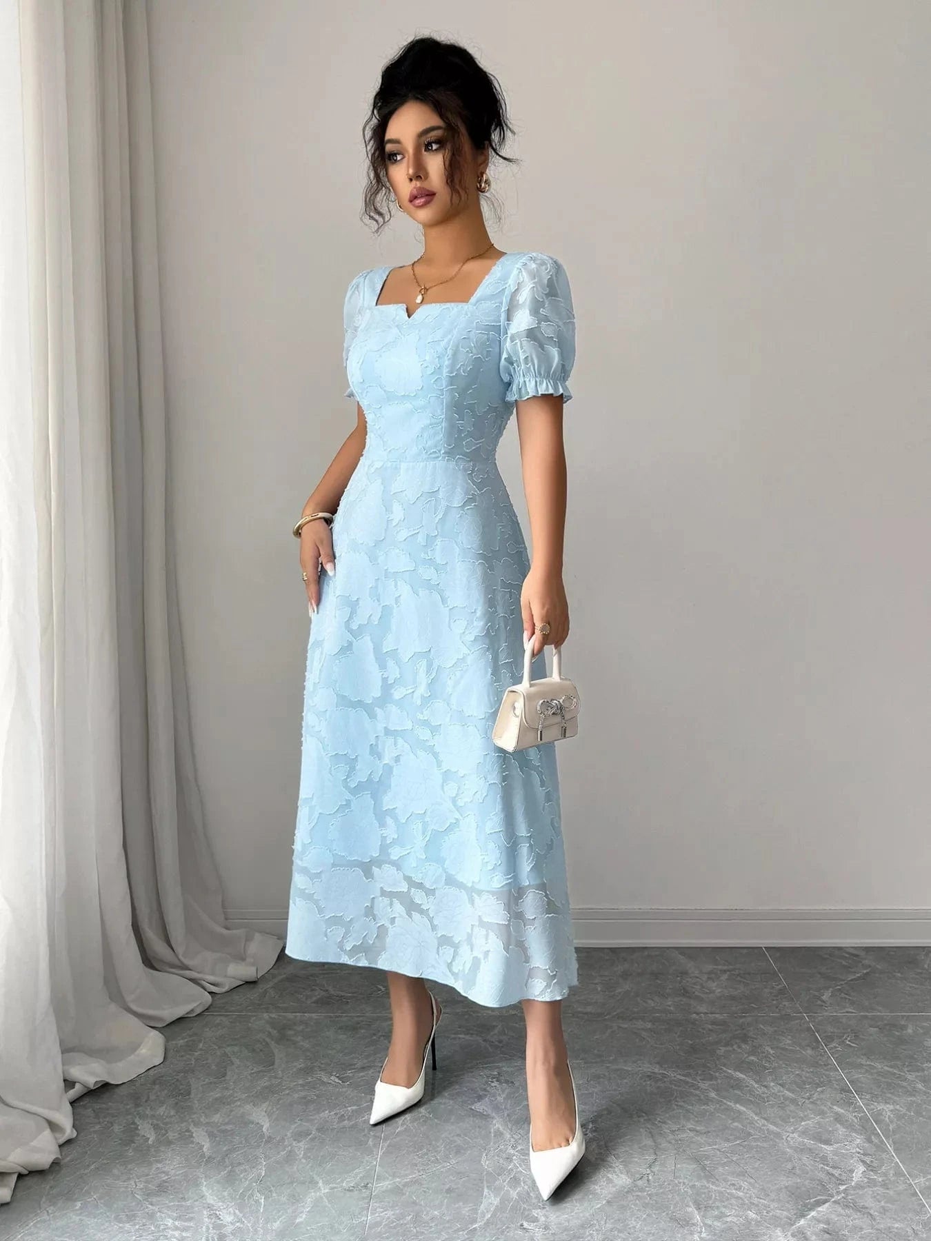 Floral Puff Sleeve Square Neck Midi Dress - Fashorio