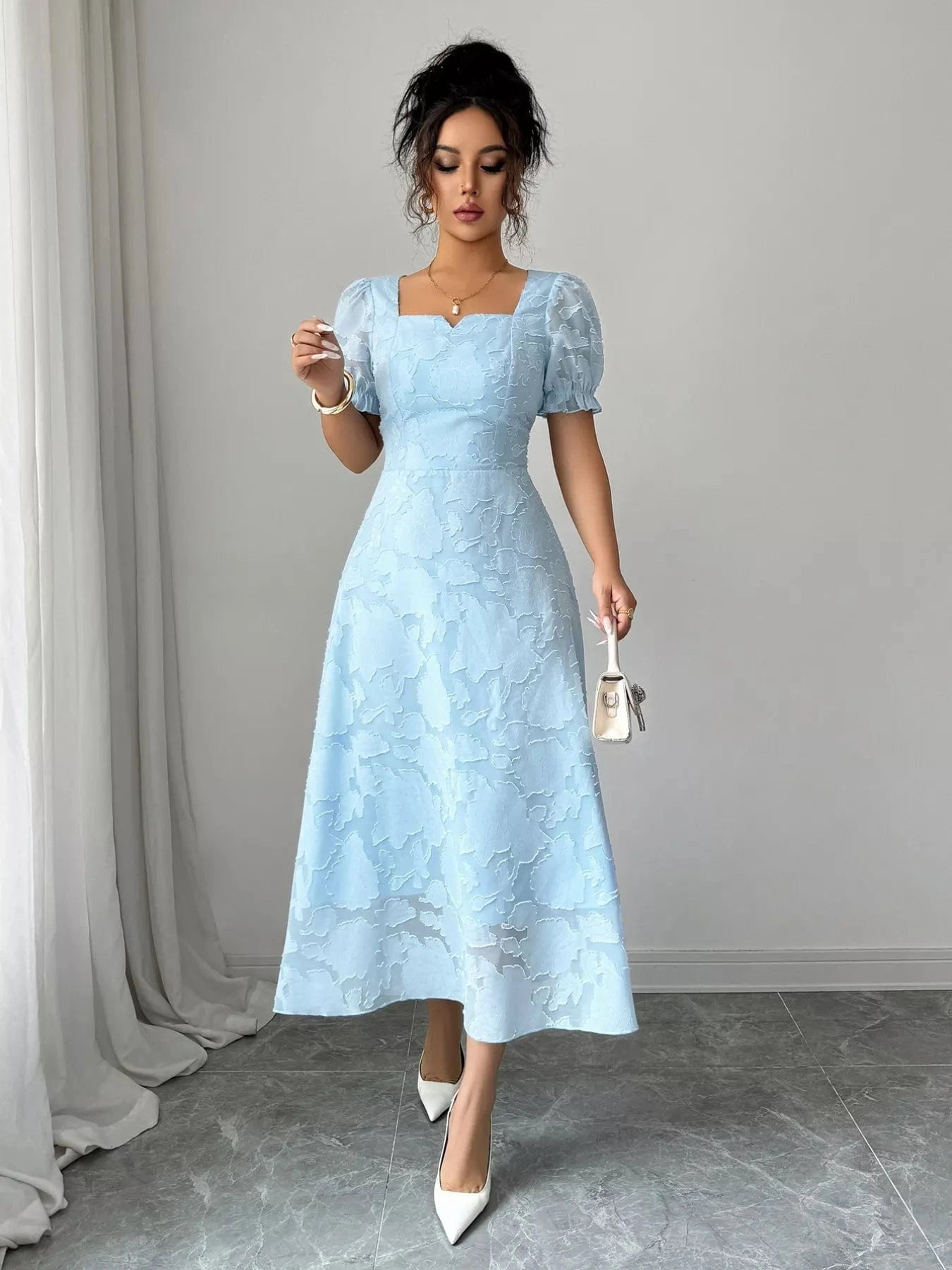 Floral Puff Sleeve Square Neck Midi Dress - Fashorio