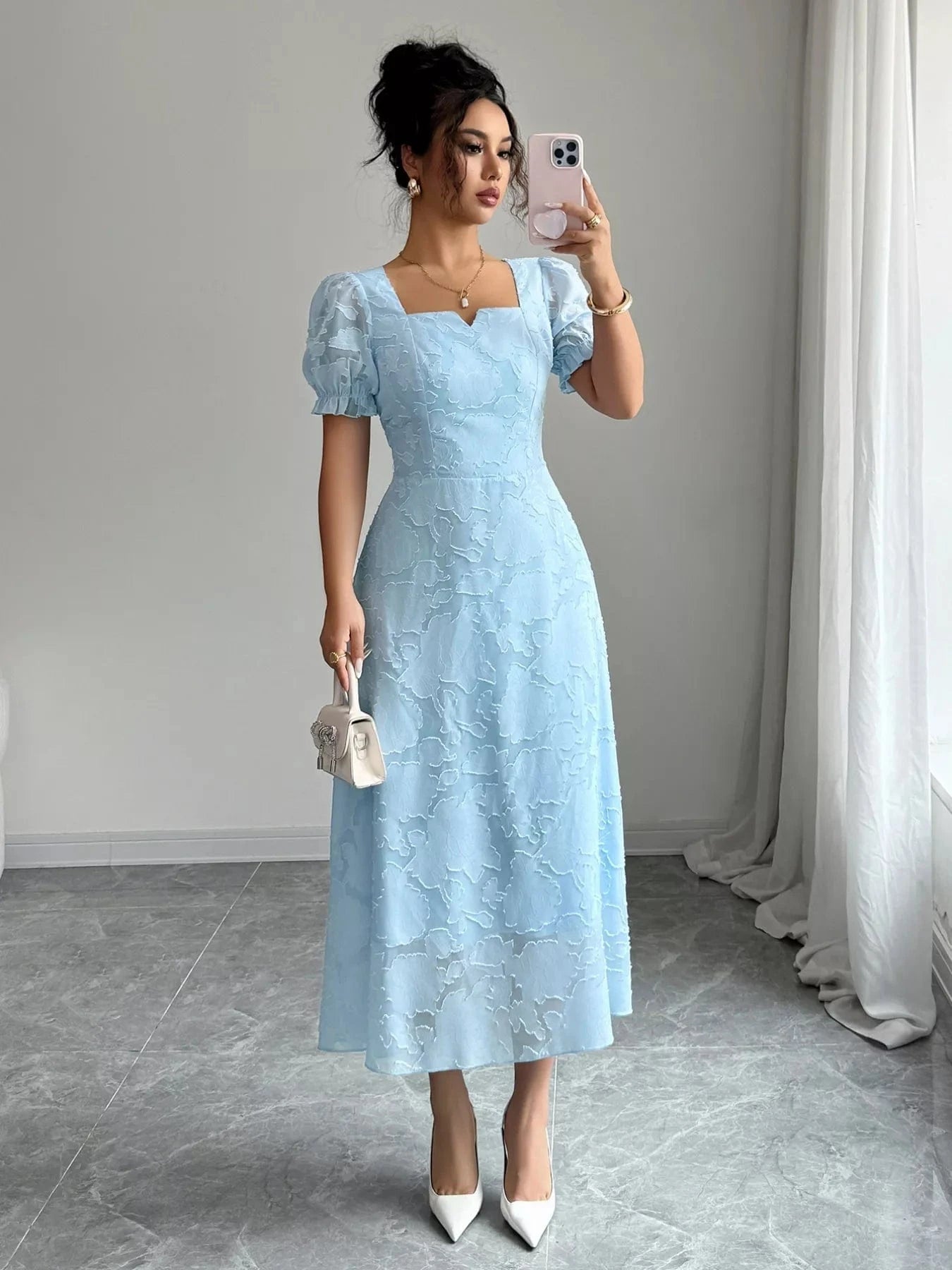 Floral Puff Sleeve Square Neck Midi Dress - Fashorio