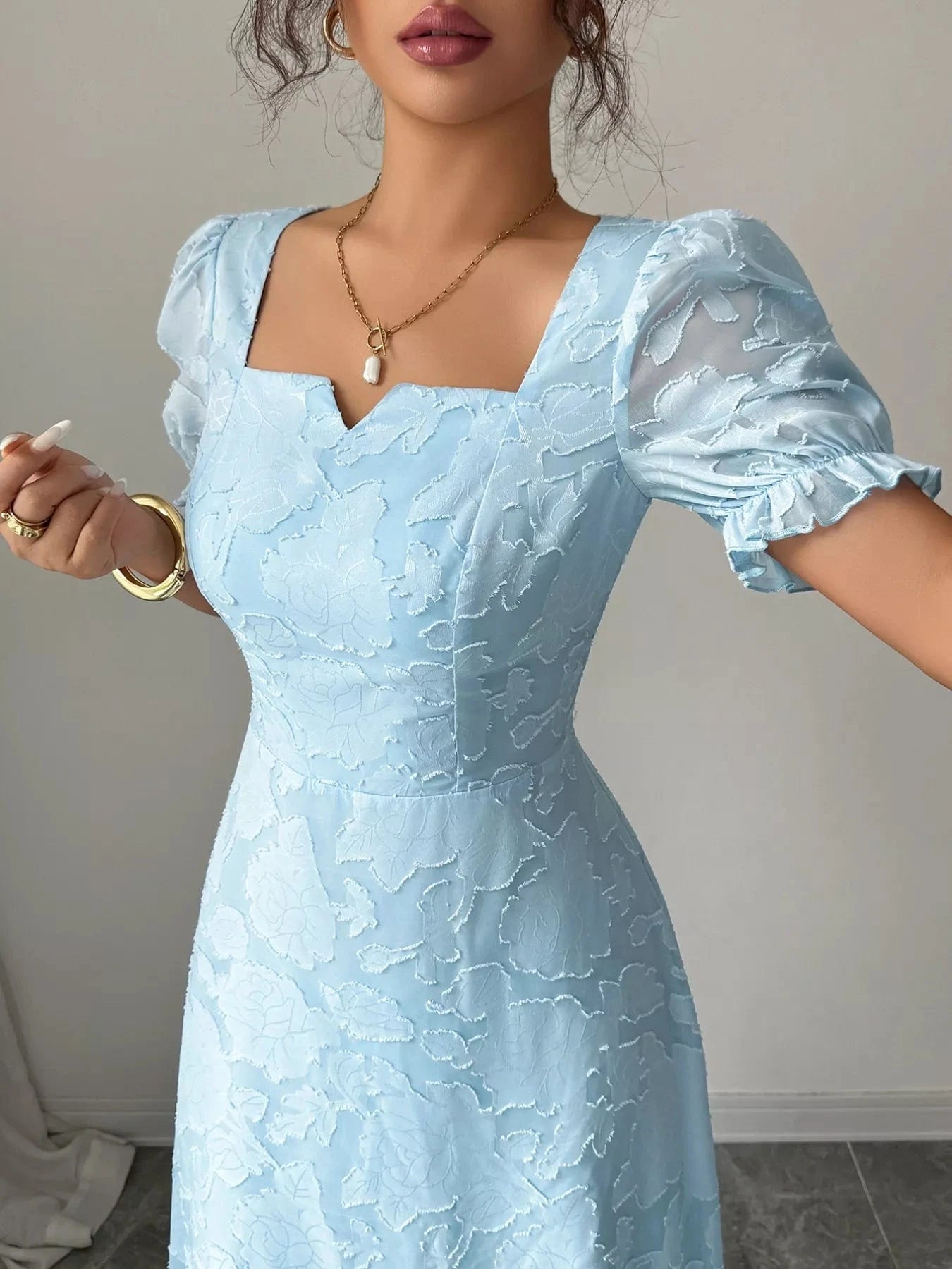 Floral Puff Sleeve Square Neck Midi Dress - Fashorio