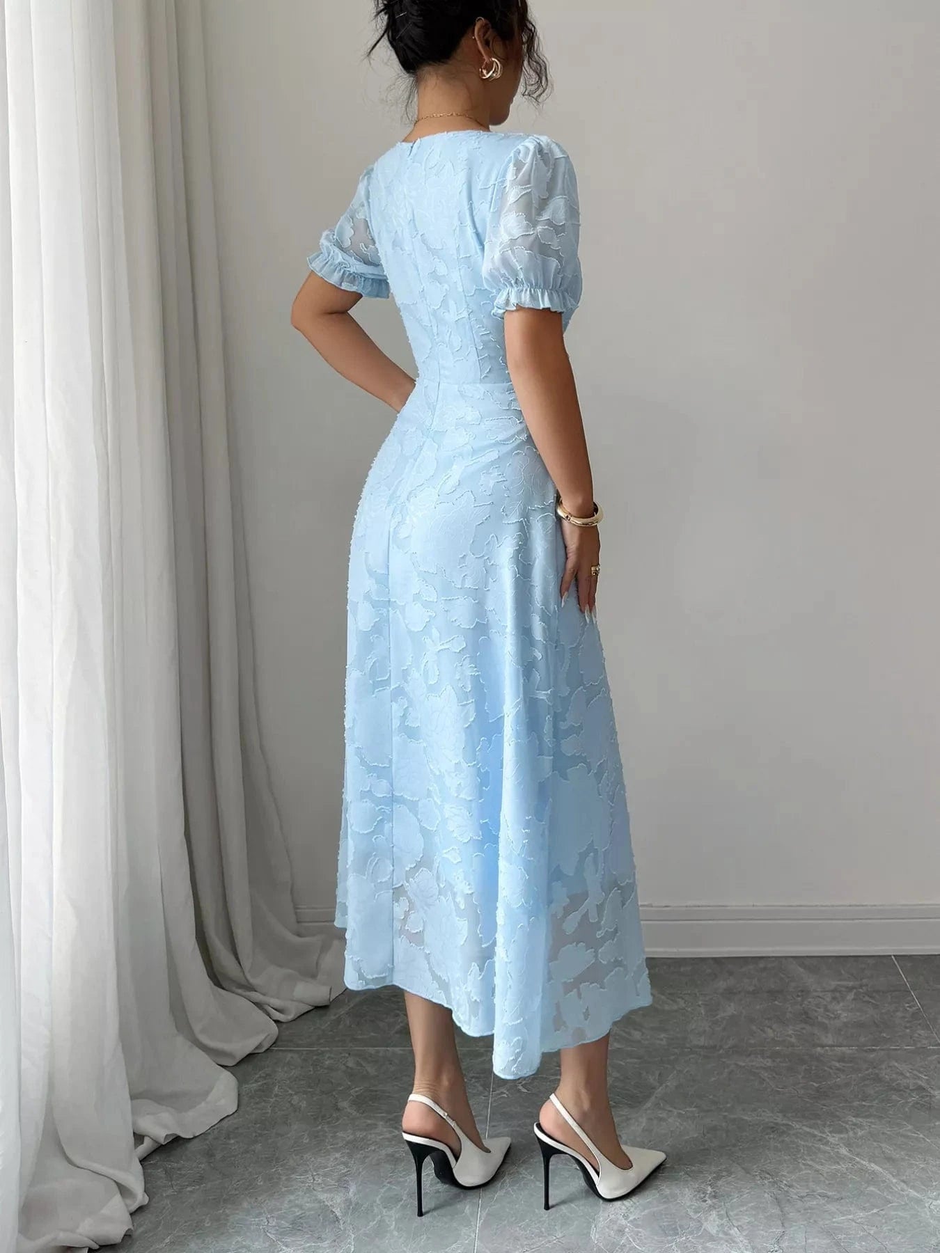 Floral Puff Sleeve Square Neck Midi Dress - Fashorio