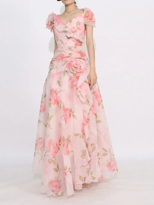 Fashorio Floral Ruffled Short Sleeve Maxi Dress