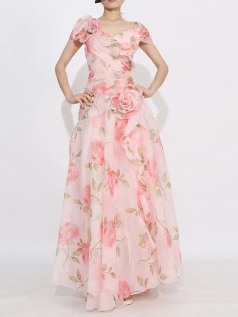 Fashorio Floral Ruffled Short Sleeve Maxi Dress