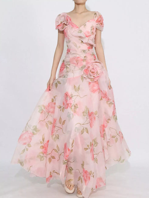 Fashorio Floral Ruffled Short Sleeve Maxi Dress