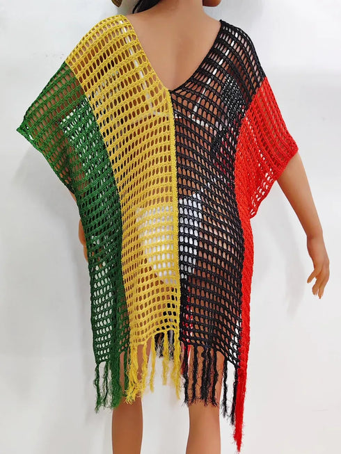 Fashorio Fringe Color Block Scoop Neck Cover Up