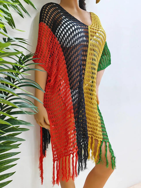 Fashorio Fringe Color Block Scoop Neck Cover Up