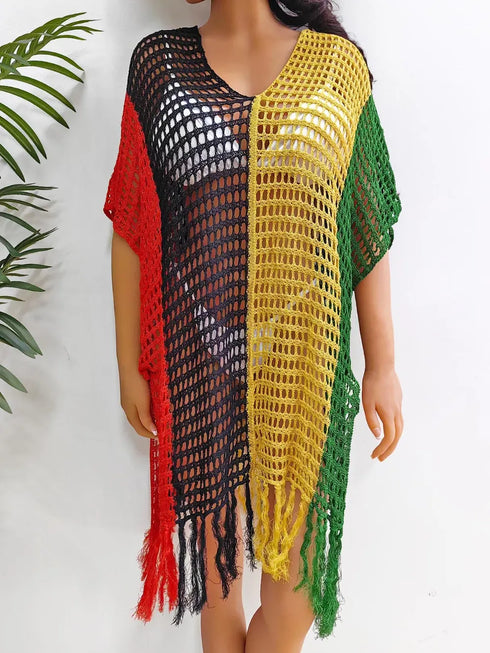 Fashorio Fringe Color Block Scoop Neck Cover Up
