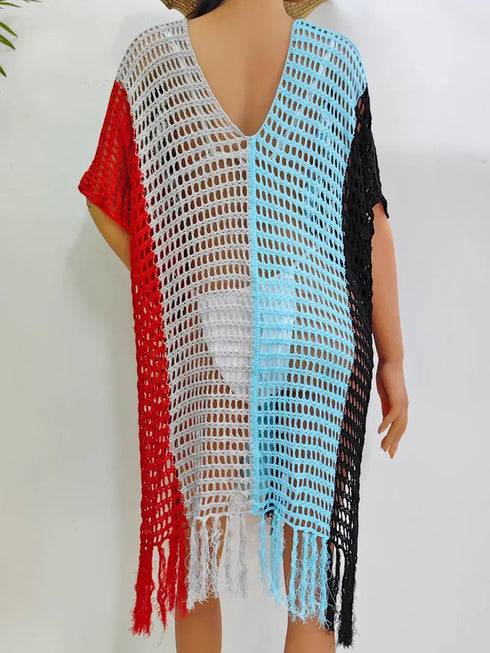 Fashorio Fringe Color Block Scoop Neck Cover Up