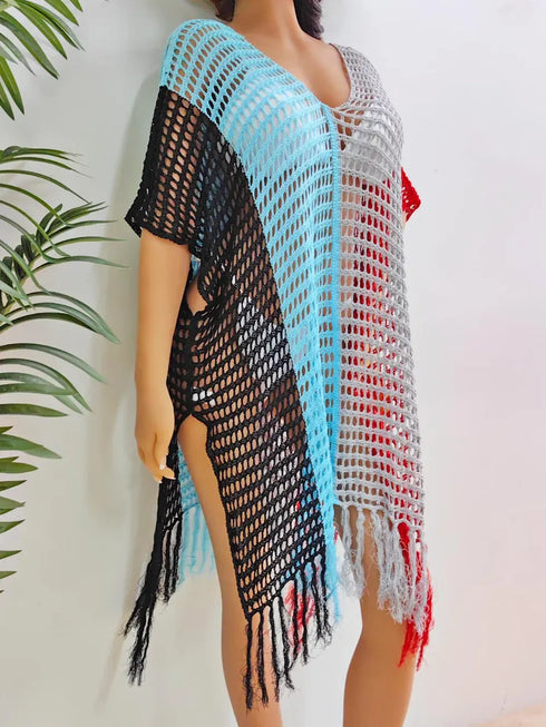 Fashorio Fringe Color Block Scoop Neck Cover Up