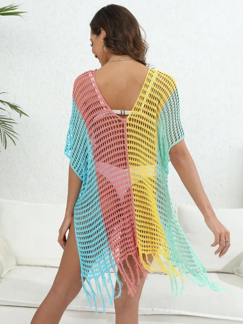 Fashorio Fringe Color Block Scoop Neck Cover Up