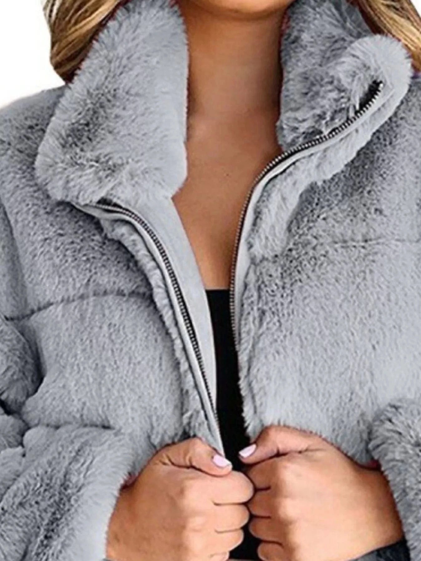 Full Size Faux Fur Cropped Zip-Up Jacket Plus Size - Fashorio