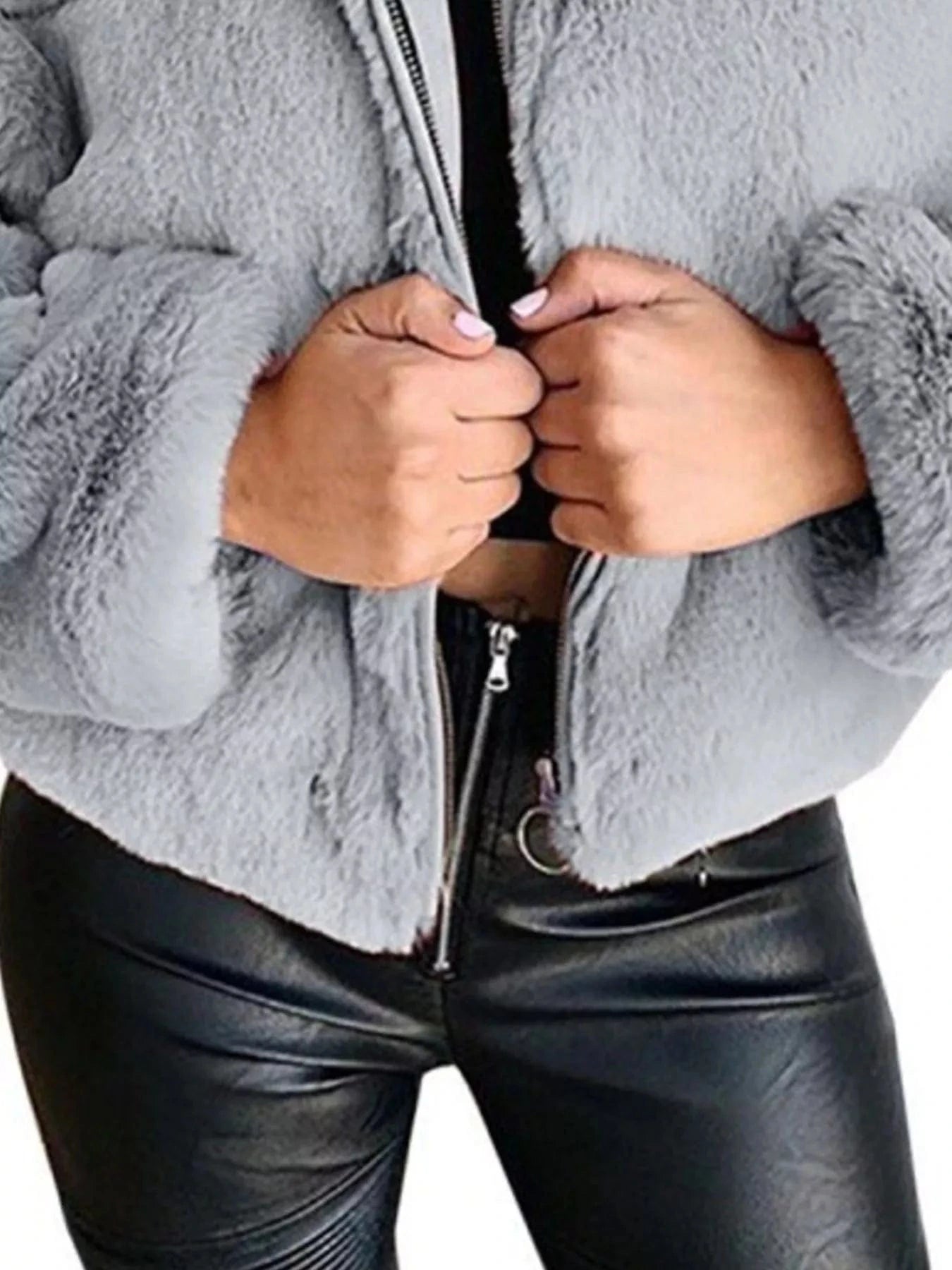 Full Size Faux Fur Cropped Zip-Up Jacket Plus Size - Fashorio
