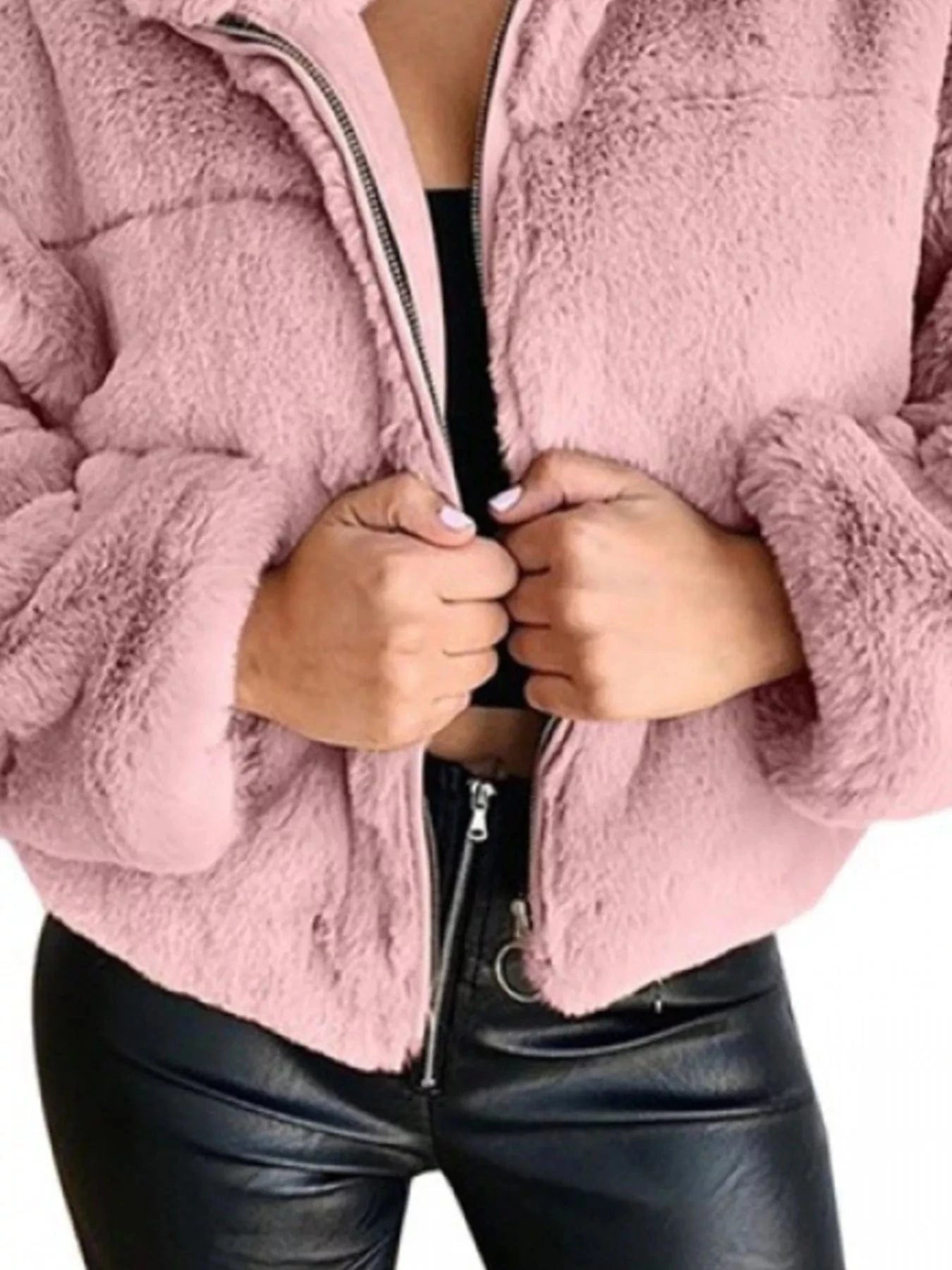 Full Size Faux Fur Cropped Zip-Up Jacket Plus Size - Fashorio