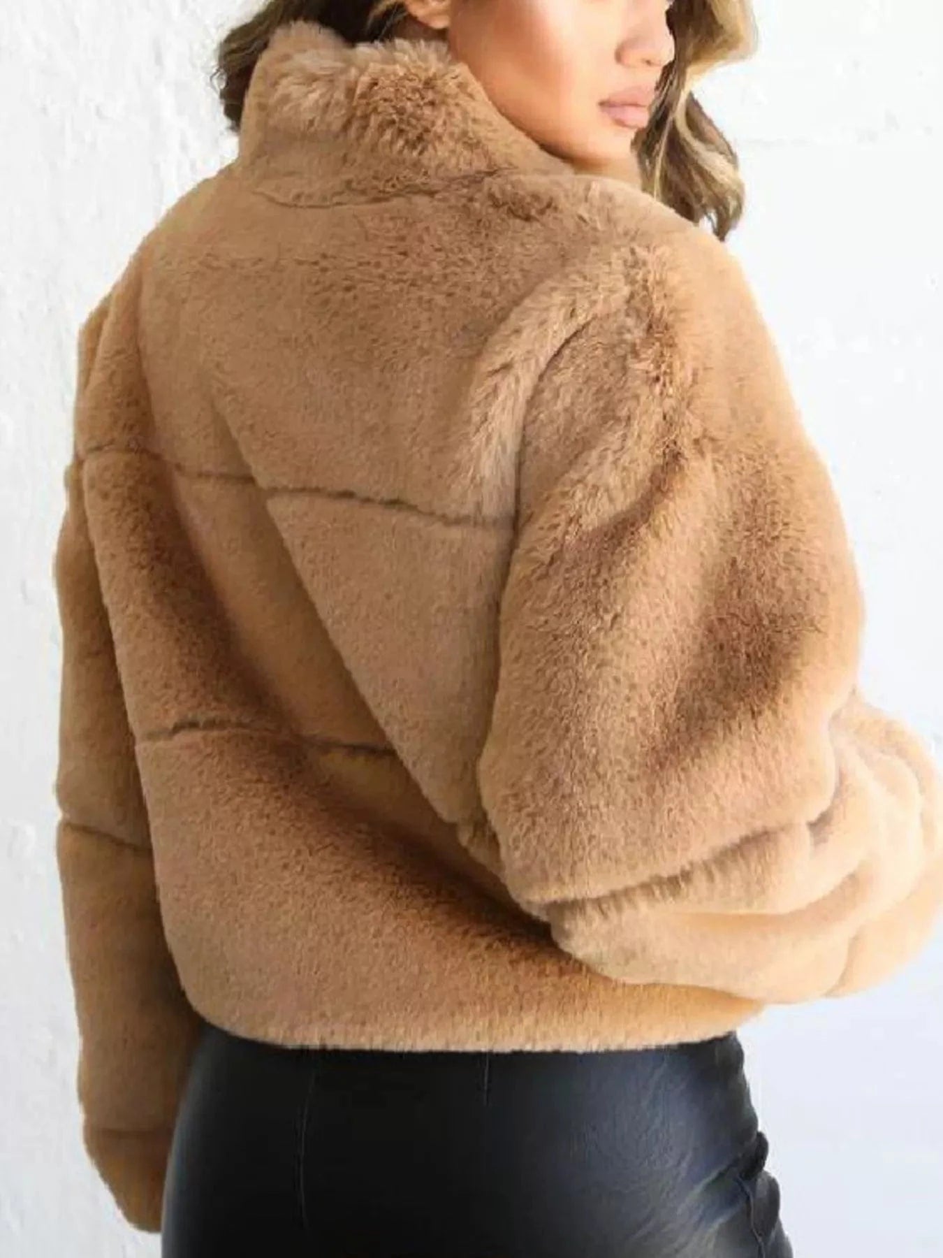 Full Size Faux Fur Cropped Zip-Up Jacket Plus Size - Fashorio