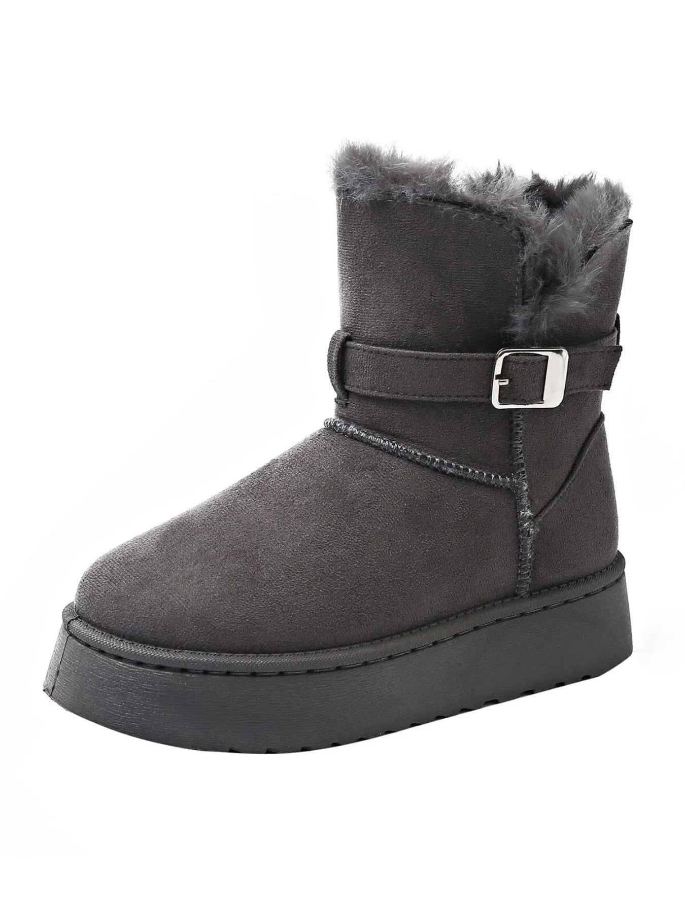 Fur Lining Ankle Boots with Buckle Strap - Fashorio
