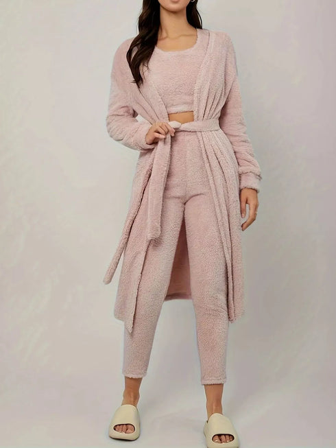 Fashorio Fuzzy Tank Long Sleeve Cardigan and Pants 3-Piece Lounge Set