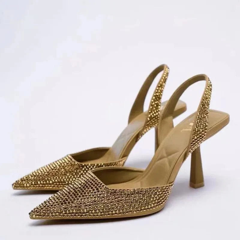 Rhinestone Slingback High Heel Pumps Gold - Fashorio